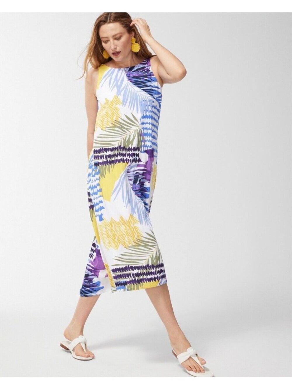 Chicos Trapeze Dress Size 8 Tie Back Collage Print Sleeveless Multicolor Boho